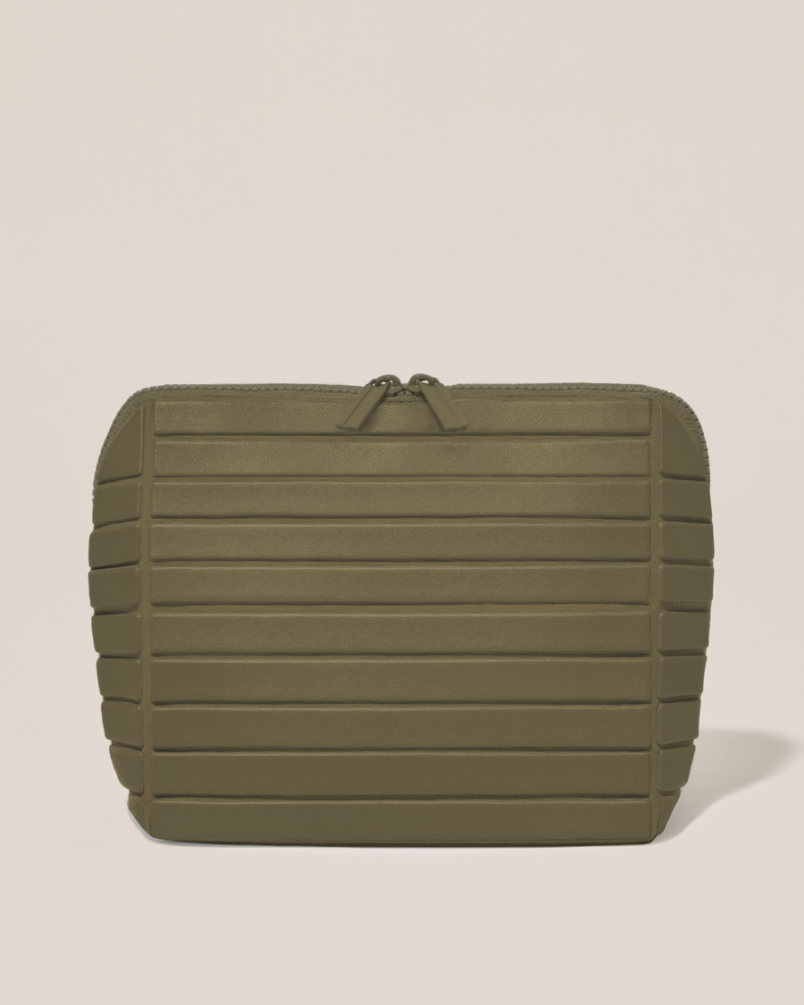 Closed Parallelle Medium Olive (green) Traveller makeup bag with structured horizontal bar design