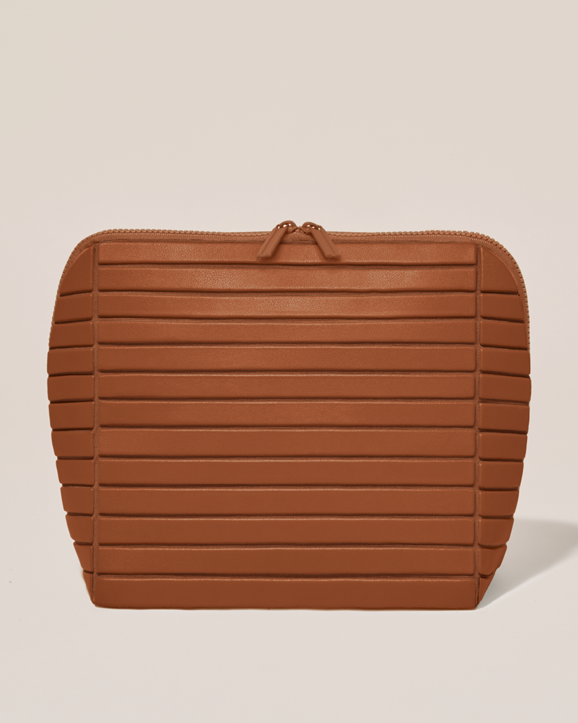 Closed Parallelle Large Vicuna (brown) Traveller makeup bag with structured horizontal bar design