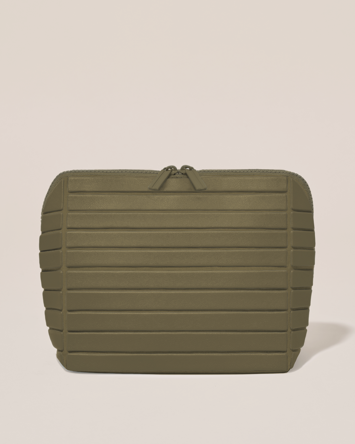 Closed Parallelle Medium Olive (green) Traveller makeup bag with structured horizontal bar design